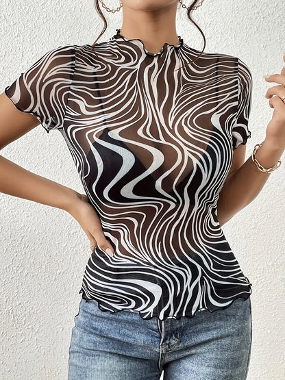 Psychedelic Wave Print Mock Neck T-Shirt