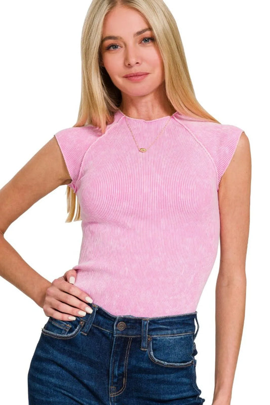 Zenana Stone Washed Ribbed Seamless Top CANDY PINK