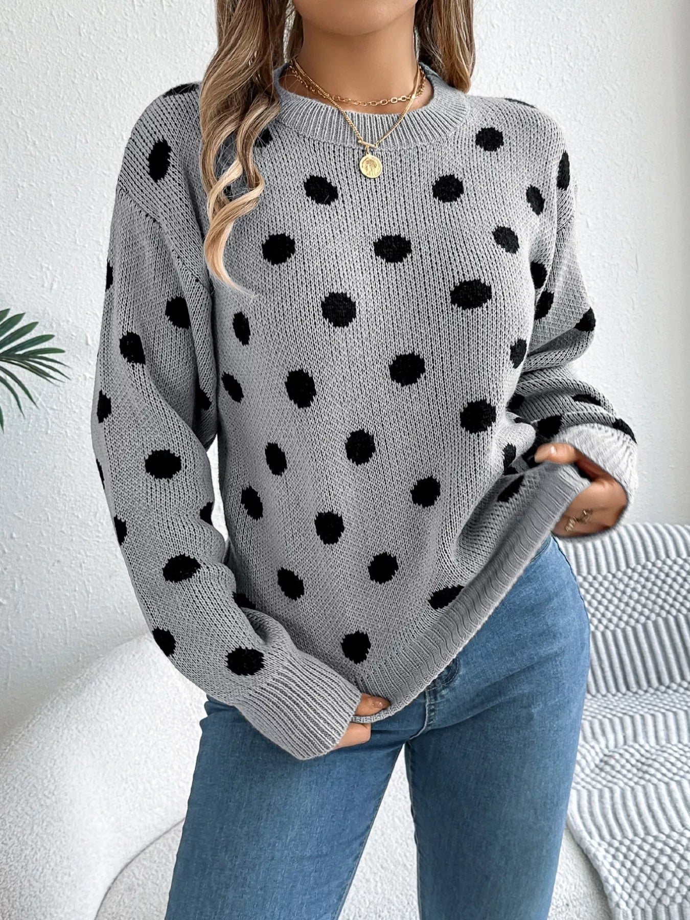 Polka Dot Round Neck Sweater Gray