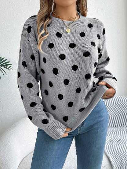 Polka Dot Round Neck Sweater Gray