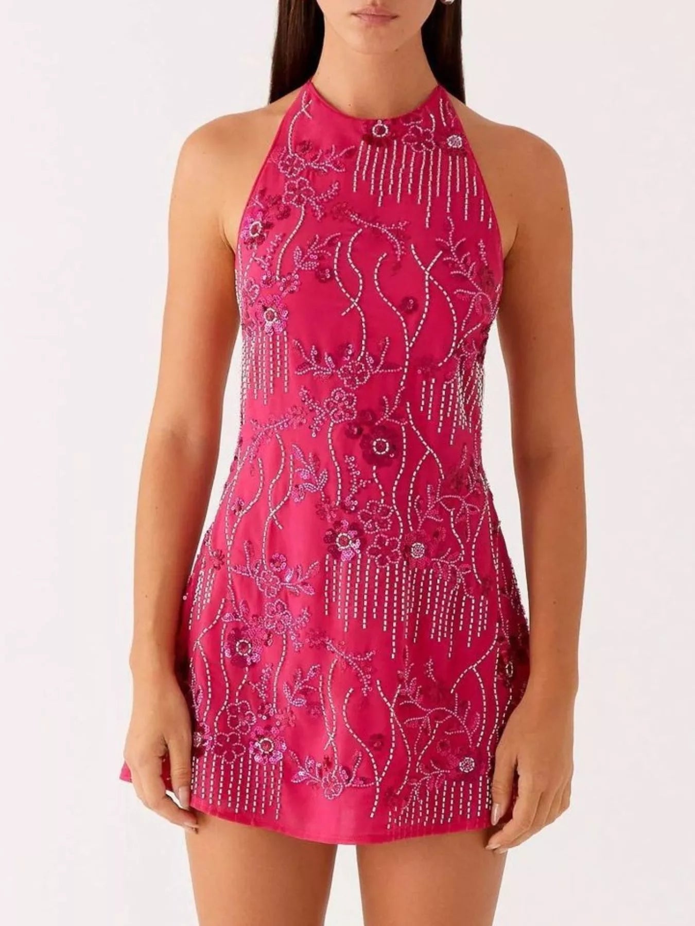 Backless Embroidered Halter Neck Mini Dress