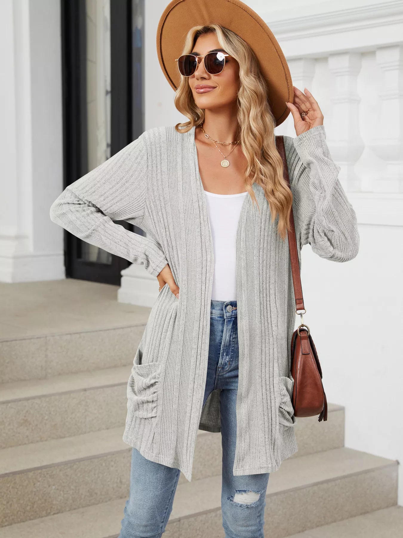 Open Front Long Cardigan Light Gray