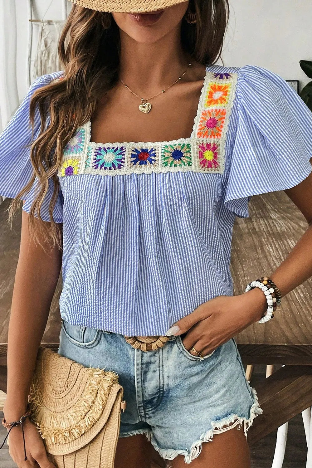 Stripe Textured Ruffle Short Sleeve Boho Detail Square Neck Blouse