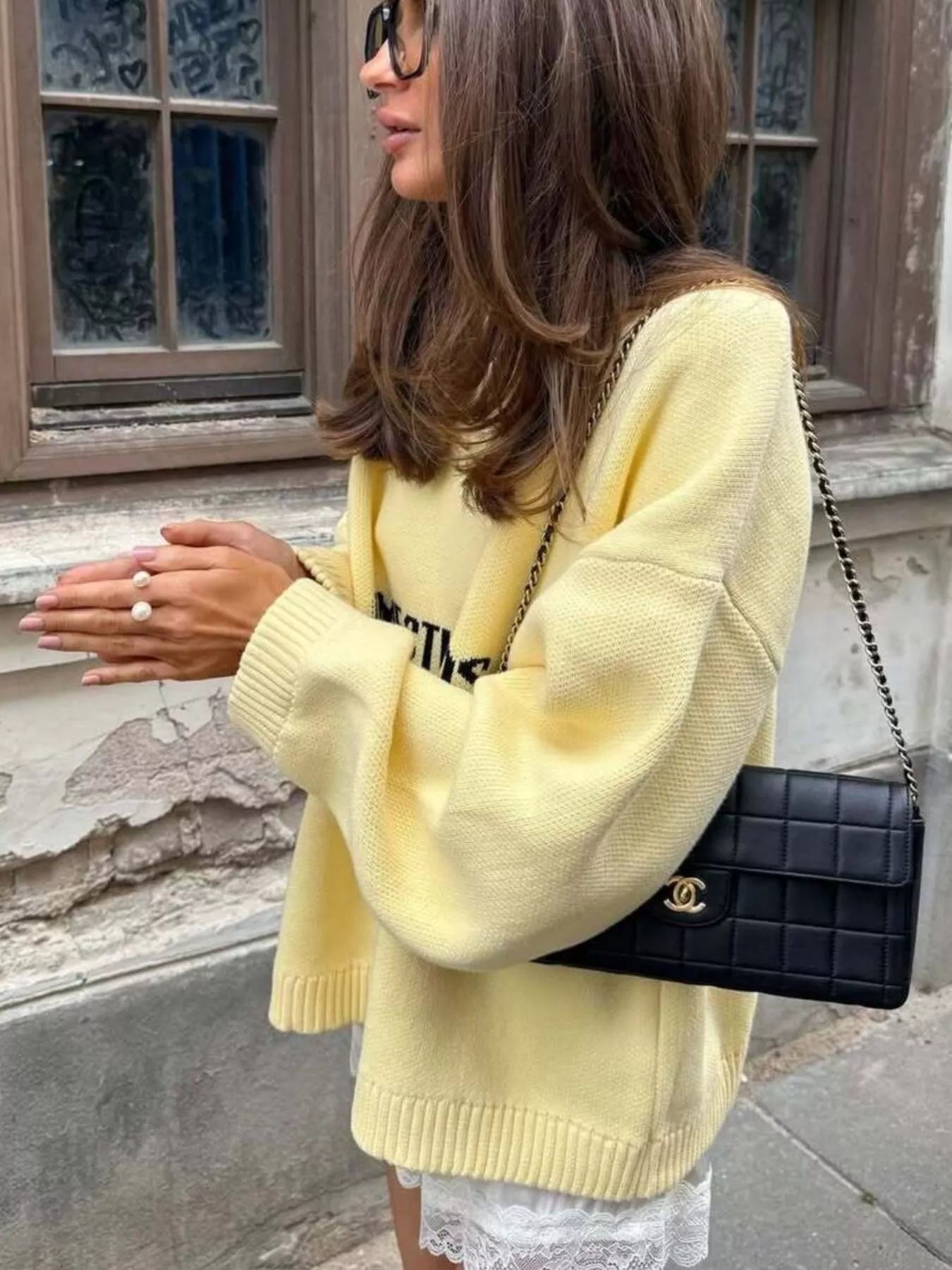 Letter Ribbed Hem Long Sleeve Sweater Light Yellow