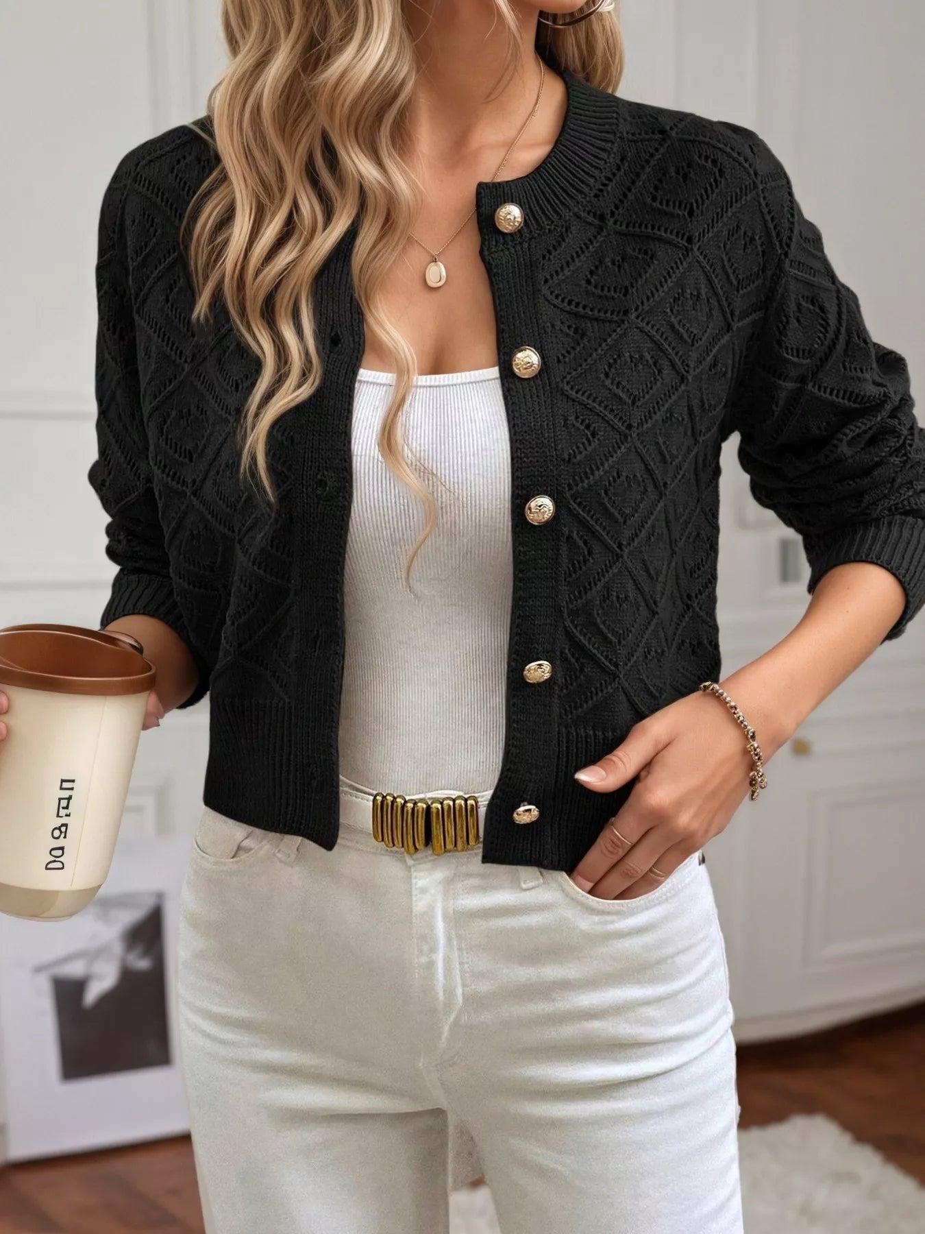 Openwork Button Up Long Sleeve Cardigan Black