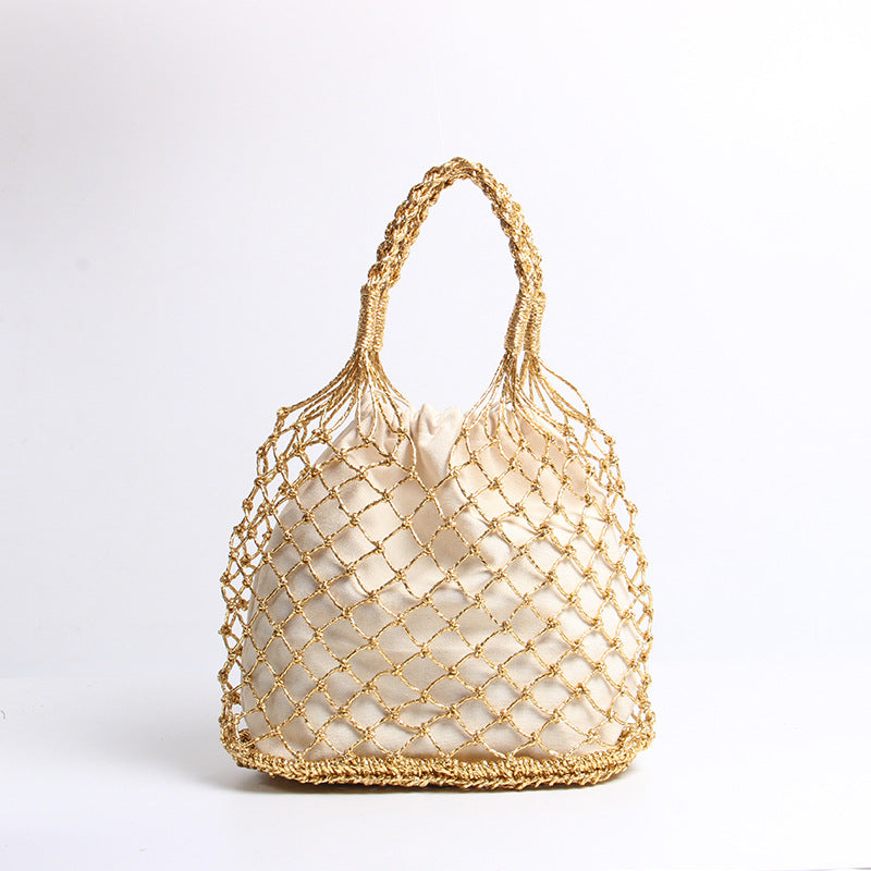 Gold Silver Color Hollow Out Cutout Portable Straw Weaved Bag Hand Carrying Woven Bag Vacation Beach Bag Women Bag One Size Golden hollow