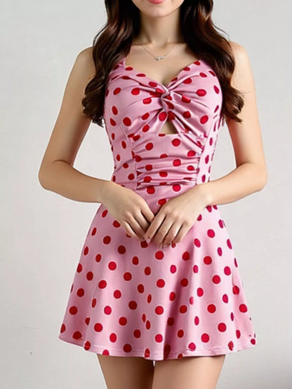 Polka Dot Halter Neck Twisted Front Mini Dress