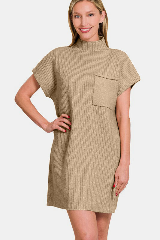 Zenana Short Sleeve Sweater Mini Dress Camel