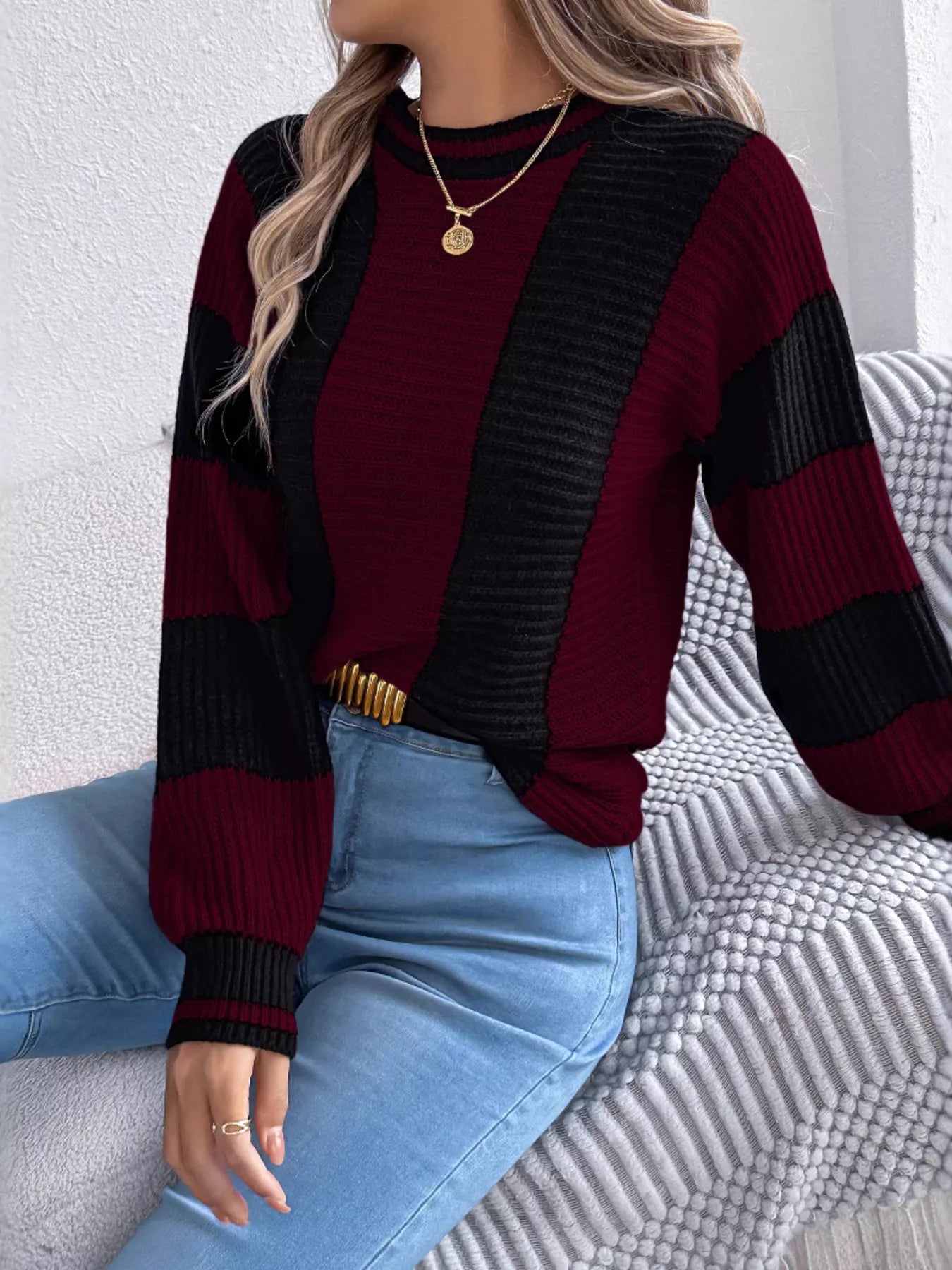 Color Block Round Neck Sweater