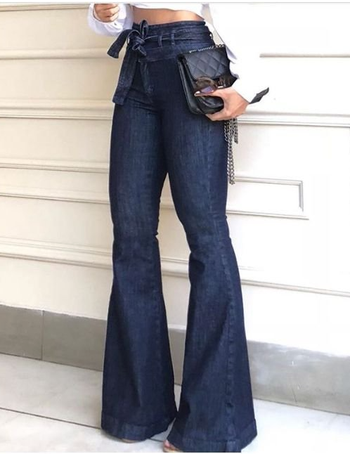 High Waist Micro Elastic Lace-up Bell-Bottom Pants Wide Leg Pants Jeans Navy Blue