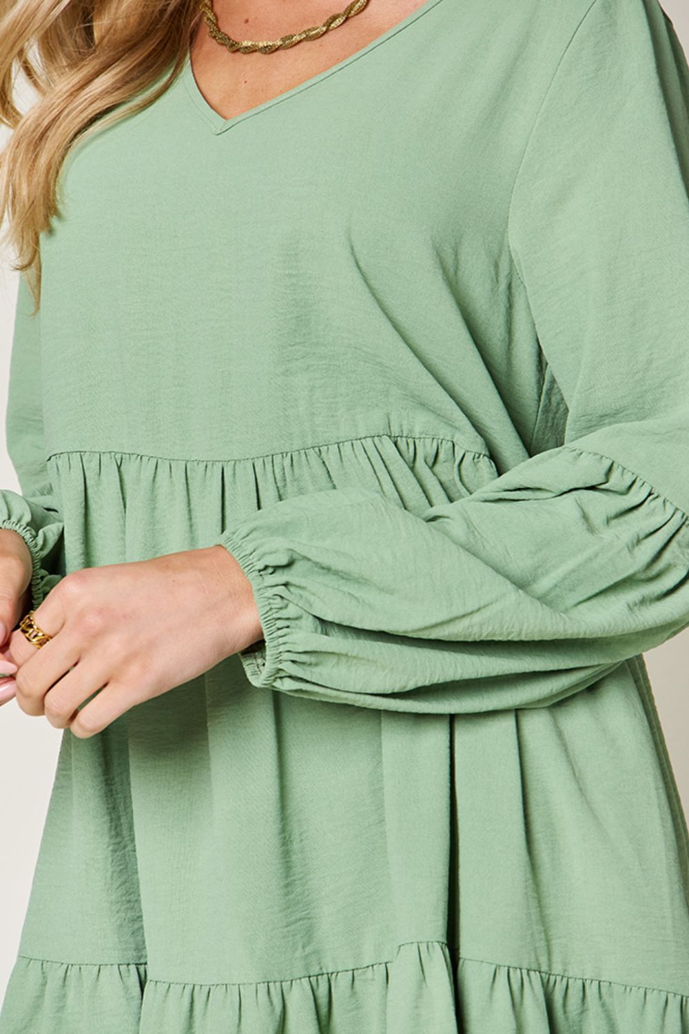 V-Neck Balloon Sleeve Tiered Boho Midi Dress