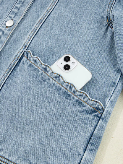 Scallop Trim Collar Patched Pocket Button Up Denim Jacket