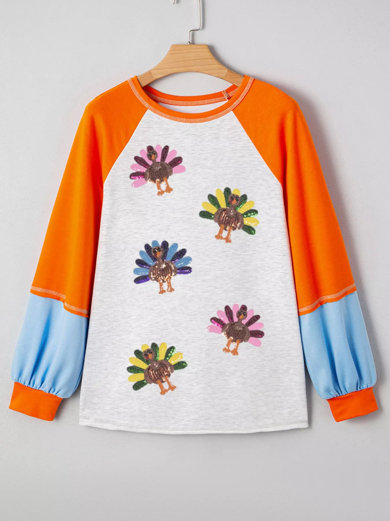 Thanksgiving Turkey Sequin Color Block Raglan Sleeve Top