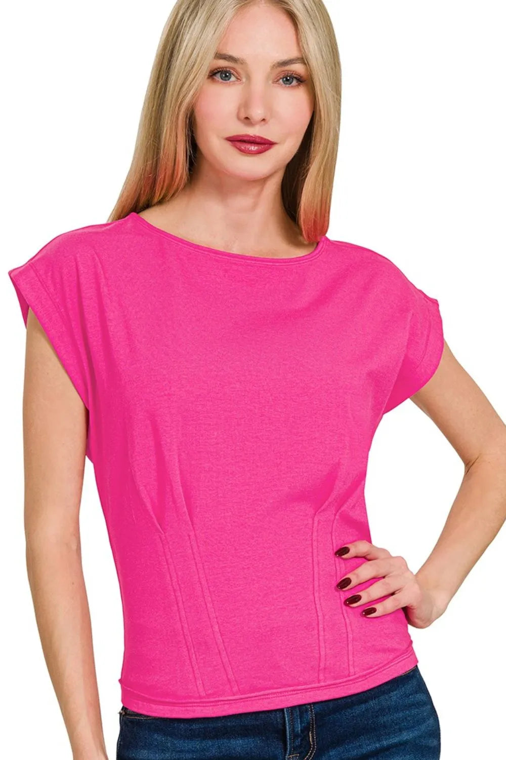 Zenana Gathered Waist Round Neck Top HOT PINK