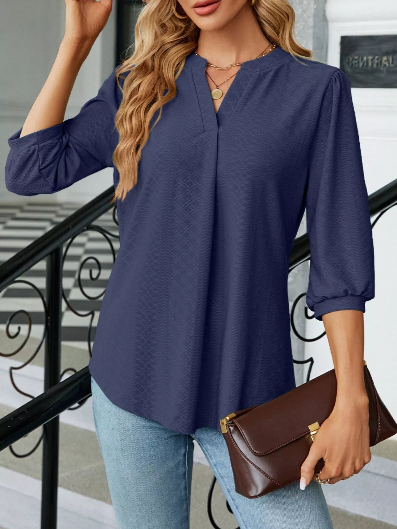 Notched 3/4 Sleeve Casual Top Indigo