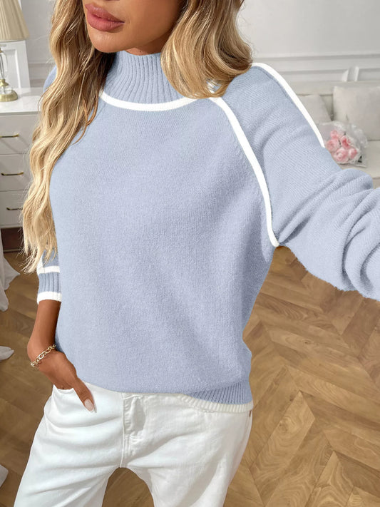 Contrast Trim Turtleneck Long Sleeve Sweater
