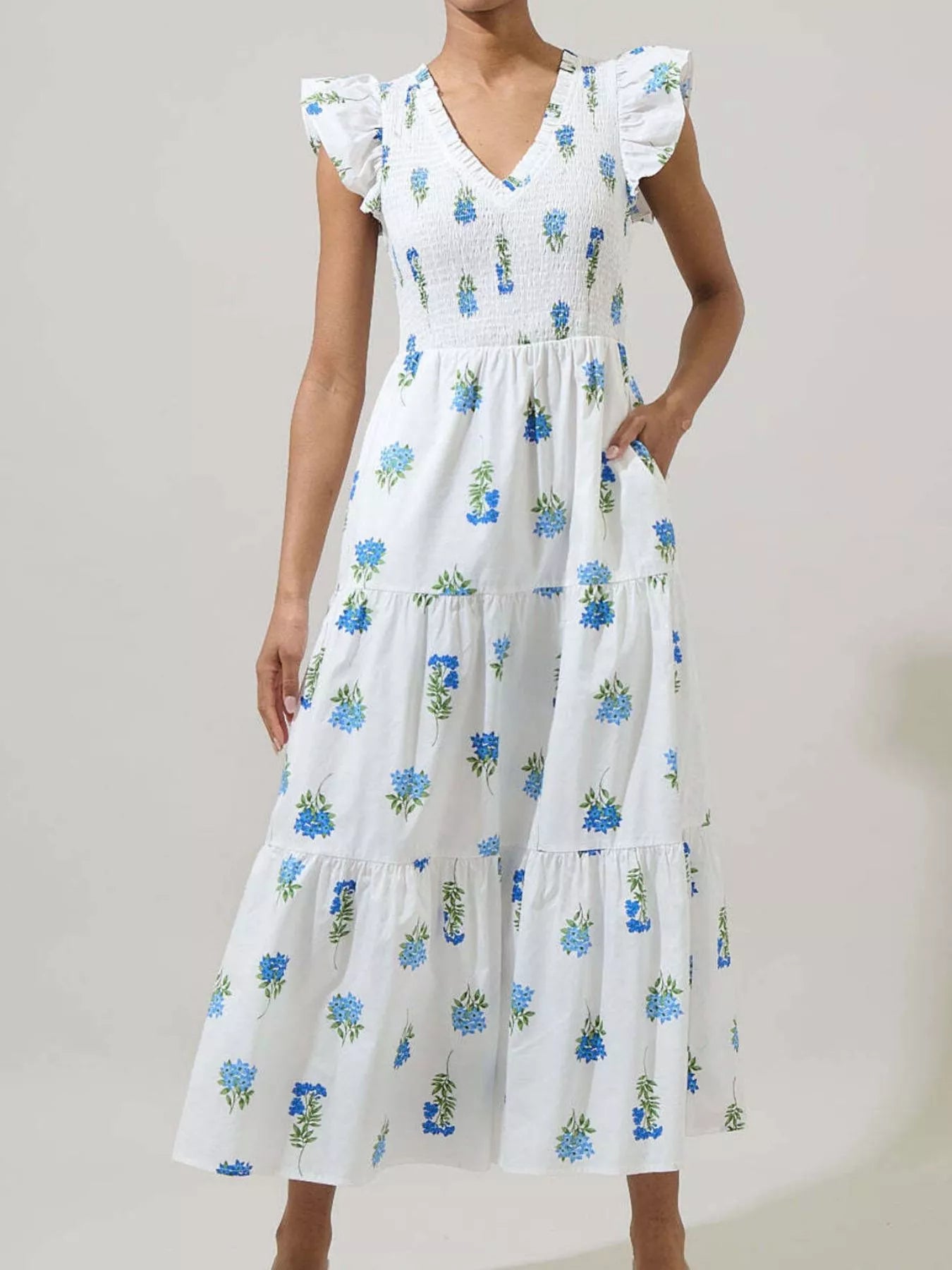 Ruffled V-Neck Tiered Midi Dress White