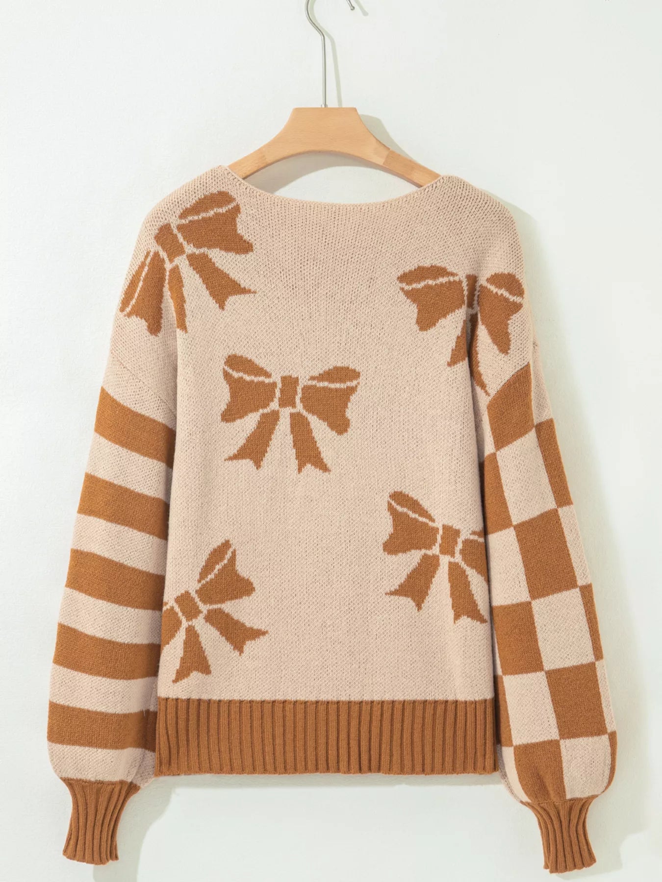 Ribbon Bow Checkered Striped Sleeve Drop Shoulder Sweater