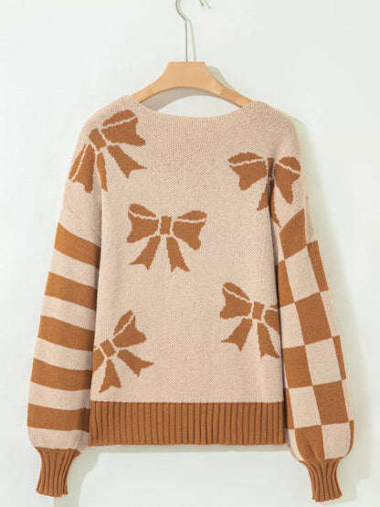 Ribbon Bow Checkered Striped Sleeve Drop Shoulder Sweater
