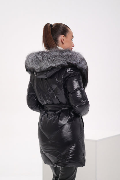 Genuine Silver Fox Fur Down Fill Coat