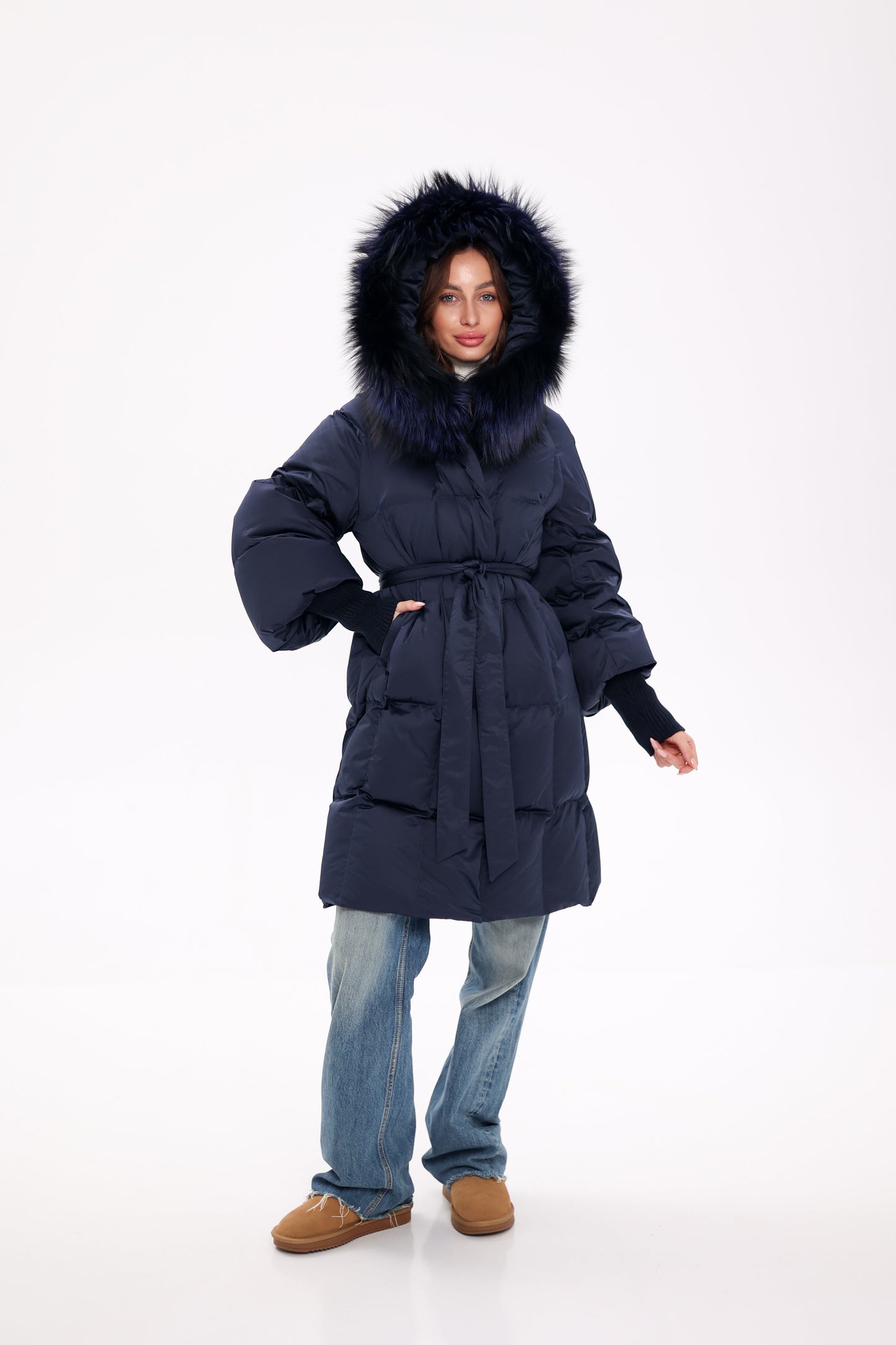 Genuine Fox Fur Trim Down Coat in Royal Blue