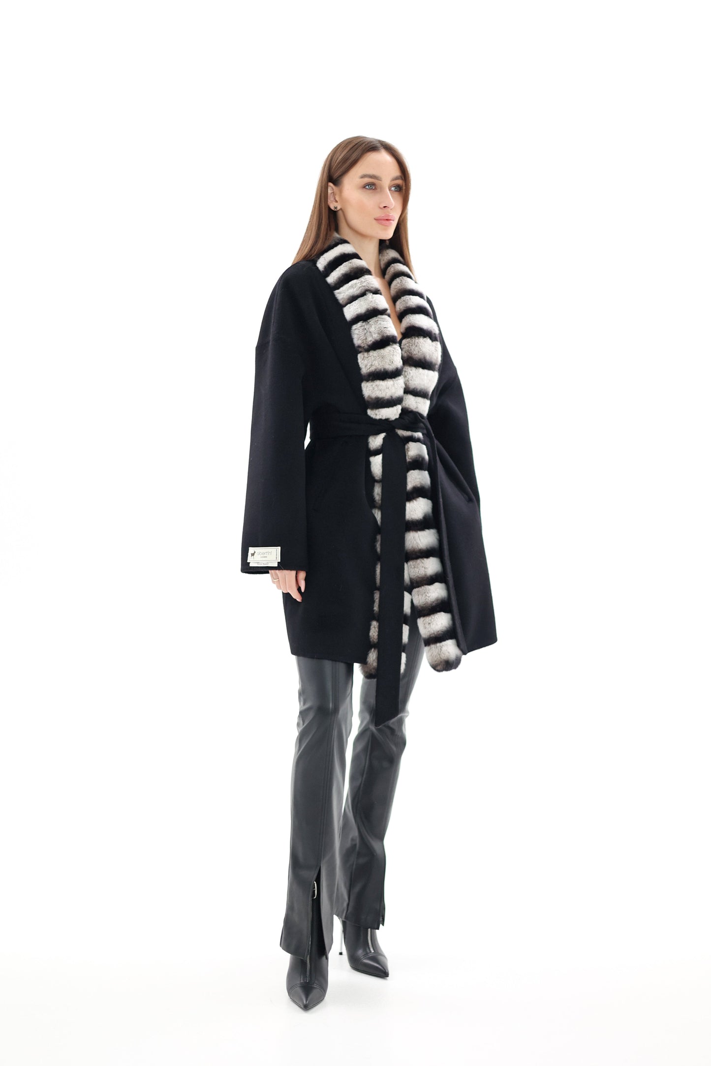 Genuine French Orylag Fur Italian Cashmere Wool Coat 85cm