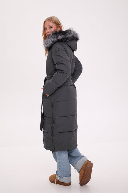 Genuine Silver Fox Belted Winter Insulated Coat