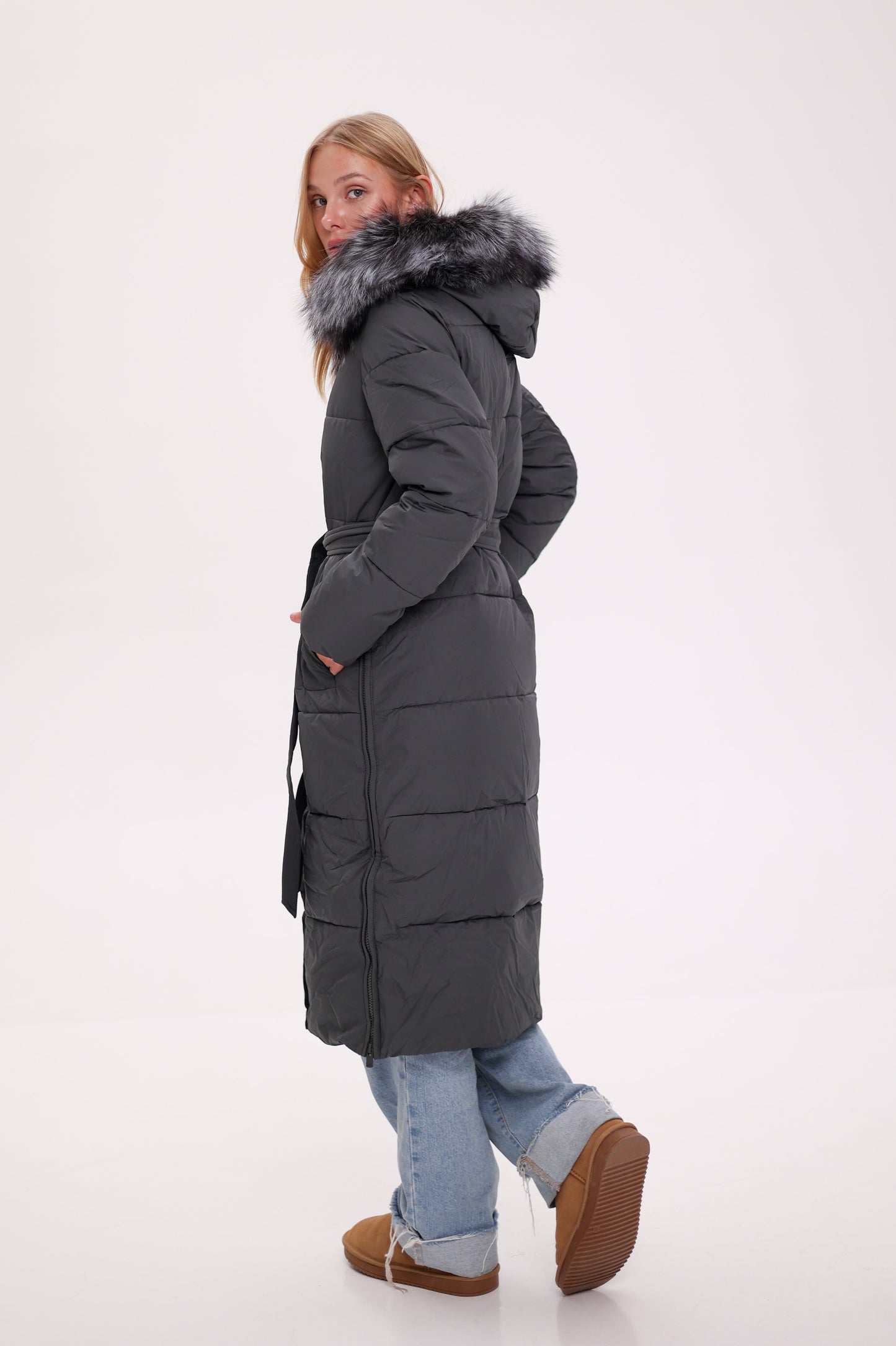 Genuine Silver Fox Belted Winter Insulated Coat
