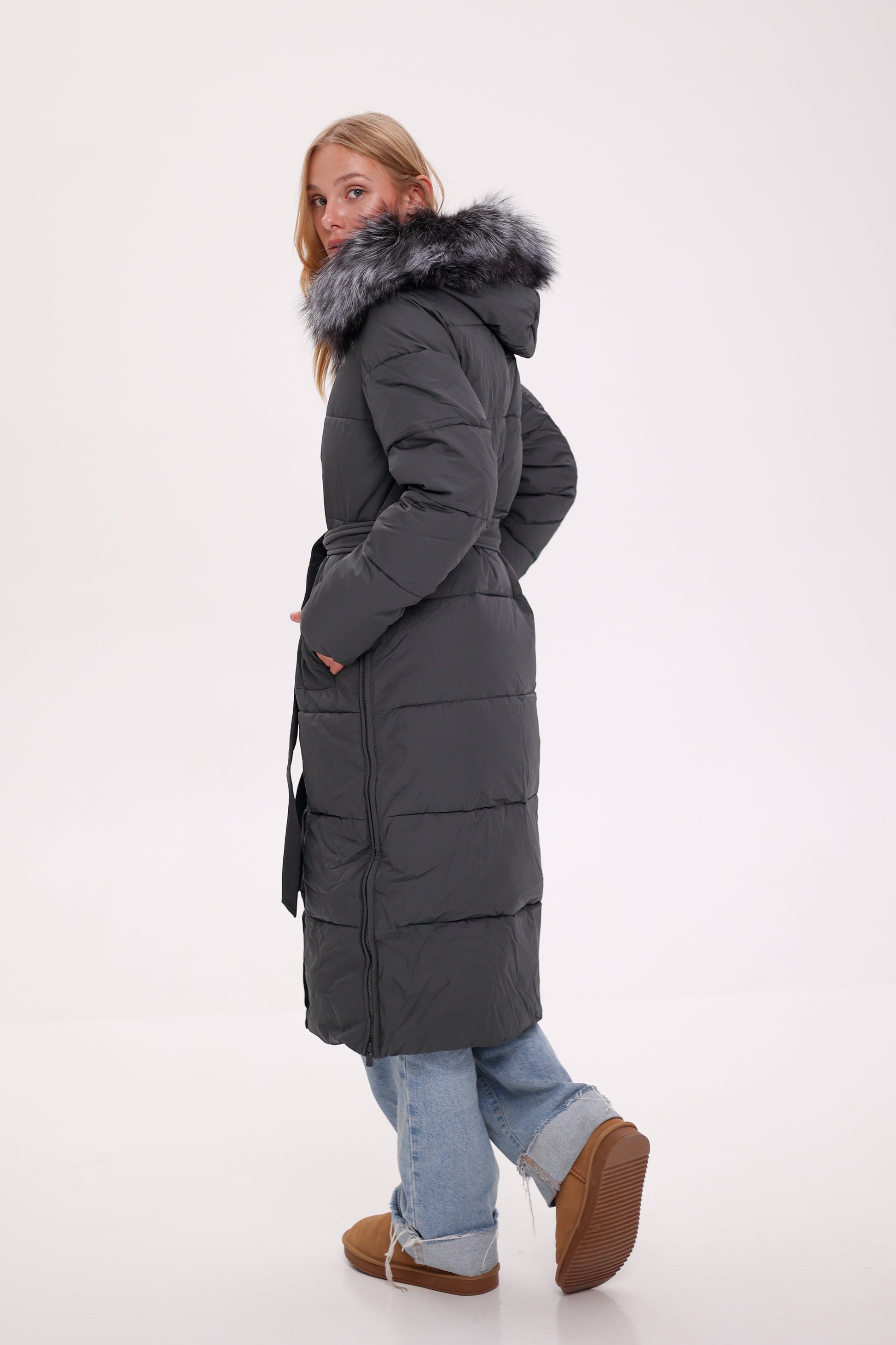 Genuine Silver Fox Belted Winter Insulated Coat