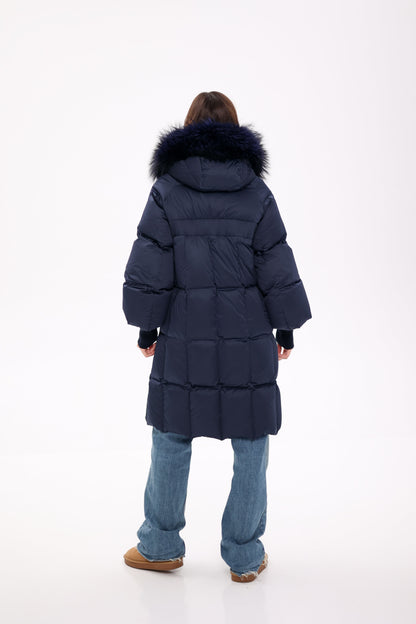 Genuine Fox Fur Trim Down Coat in Royal Blue