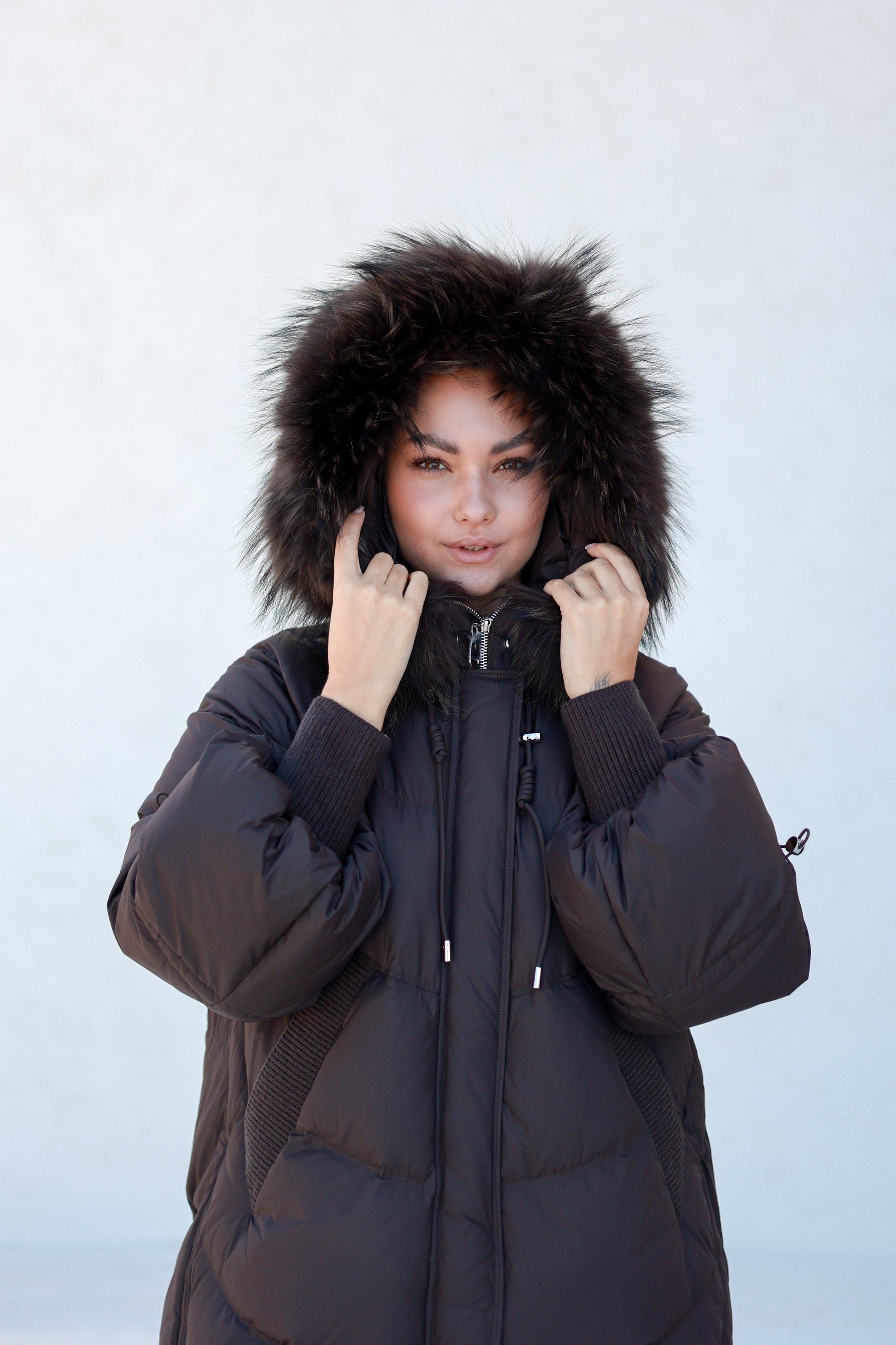 Celeste Genuine Fur Trim Down Fill Coat in Fig