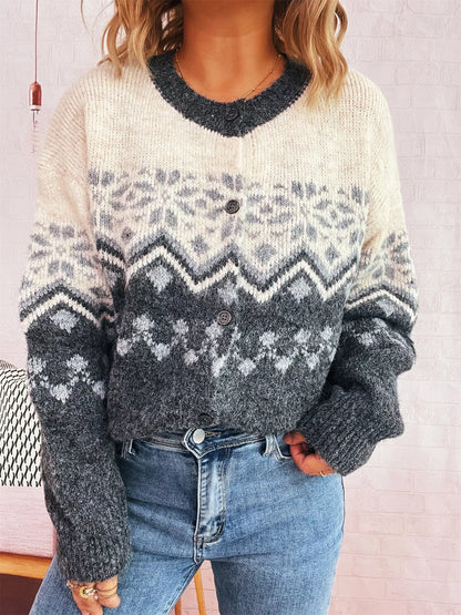 Christmas Button Up Drop Shoulder Cardigan Dark Gray One Size