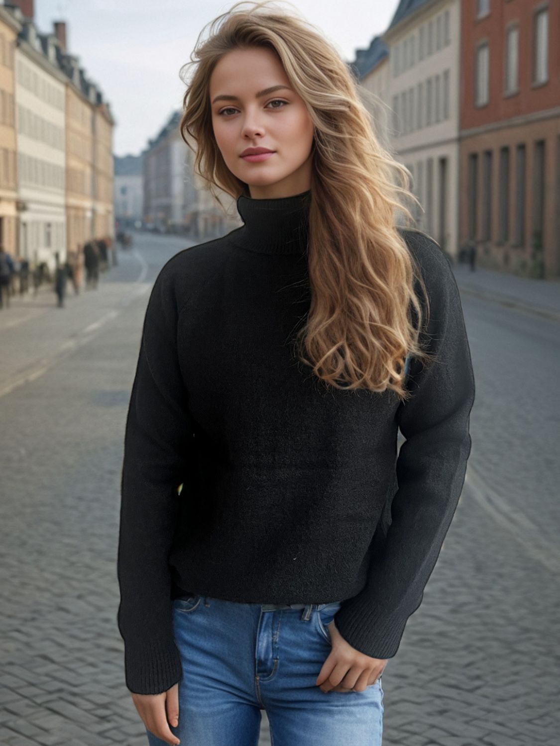 Solid Color Turtleneck Long Sleeve Sweater Black One Size