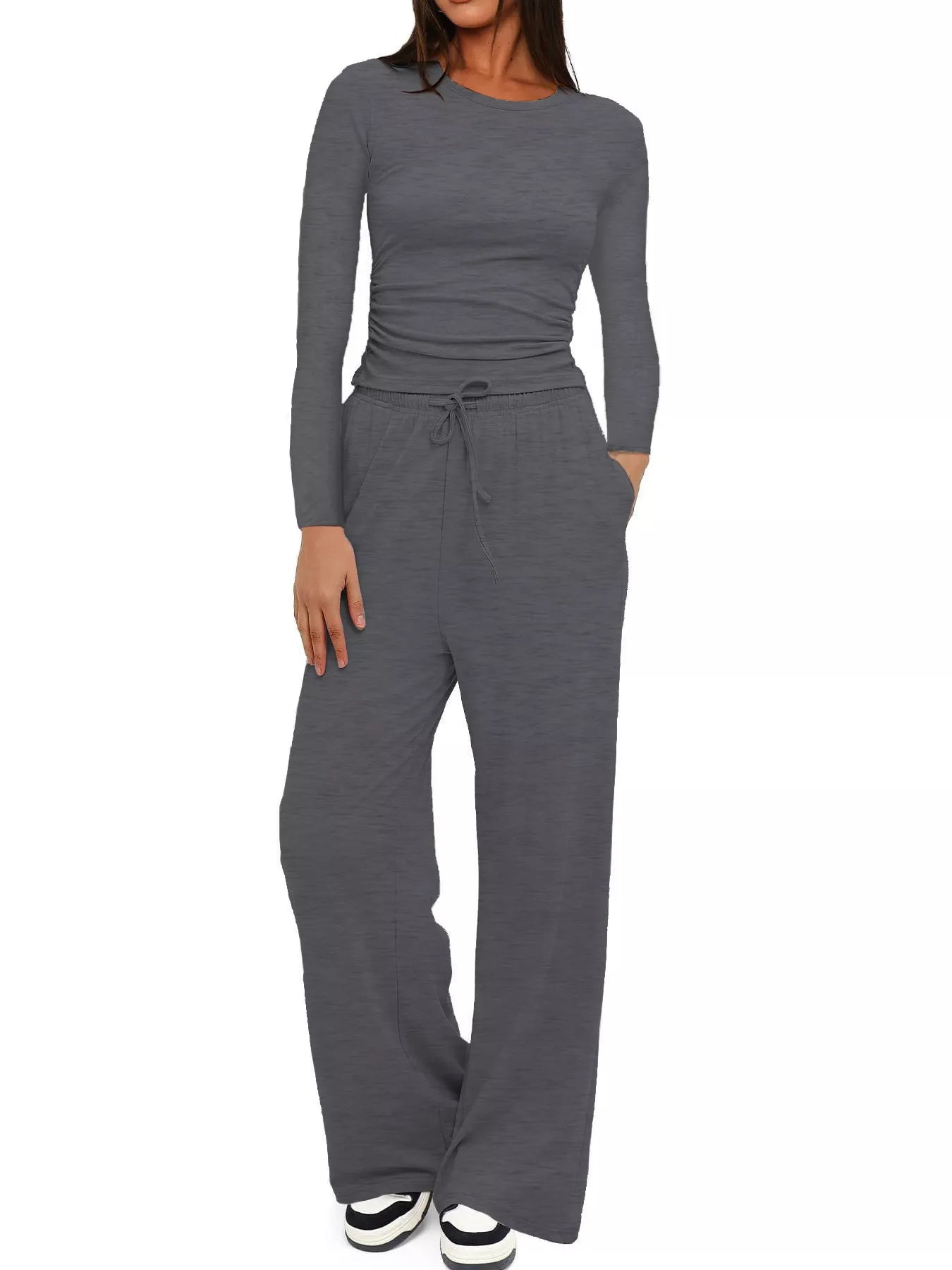 Full Size Casual Long Sleeve Top and Pants Set Plus Size Gray