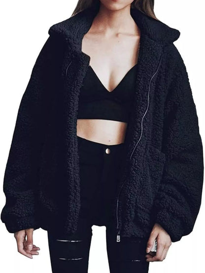 Full Size Cozy Fleece Zip Up Jacket Plus Size Black