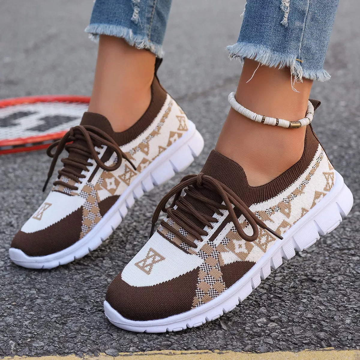 Breathable Mesh Lace Up Sneakers Dark Brown