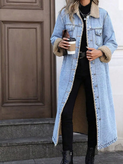 Sherpa Lined Longline Denim Jacket Light Blue