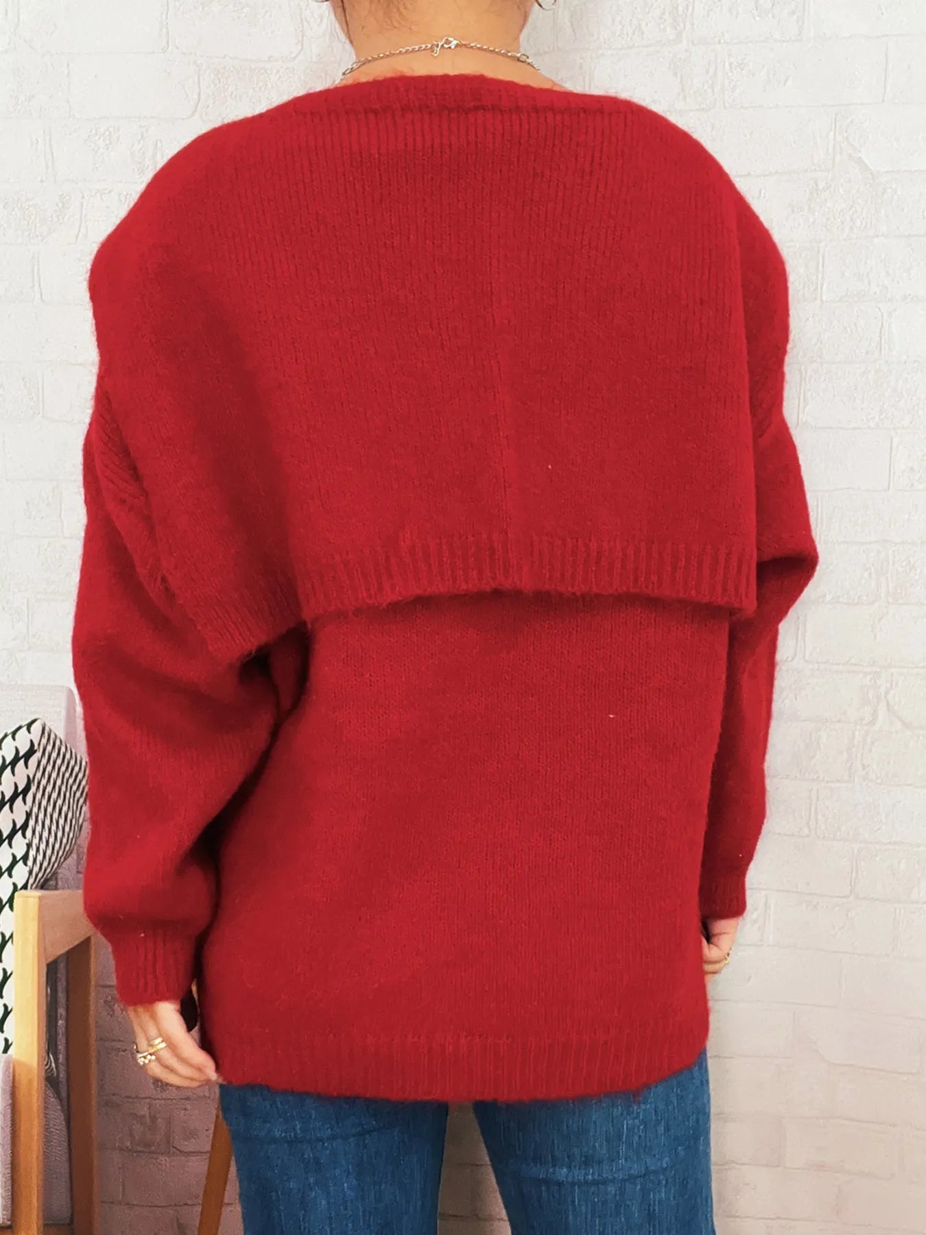 Ribbed Hem V-Neck Sweater with Shawl