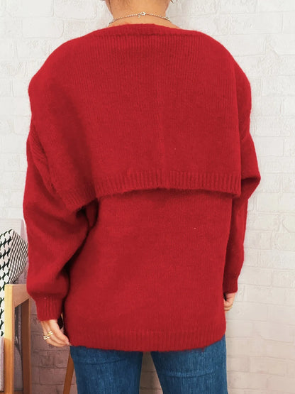 Ribbed Hem V-Neck Sweater with Shawl