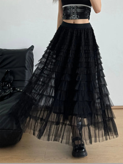 Tiered Tulle Maxi Skirt Black One Size