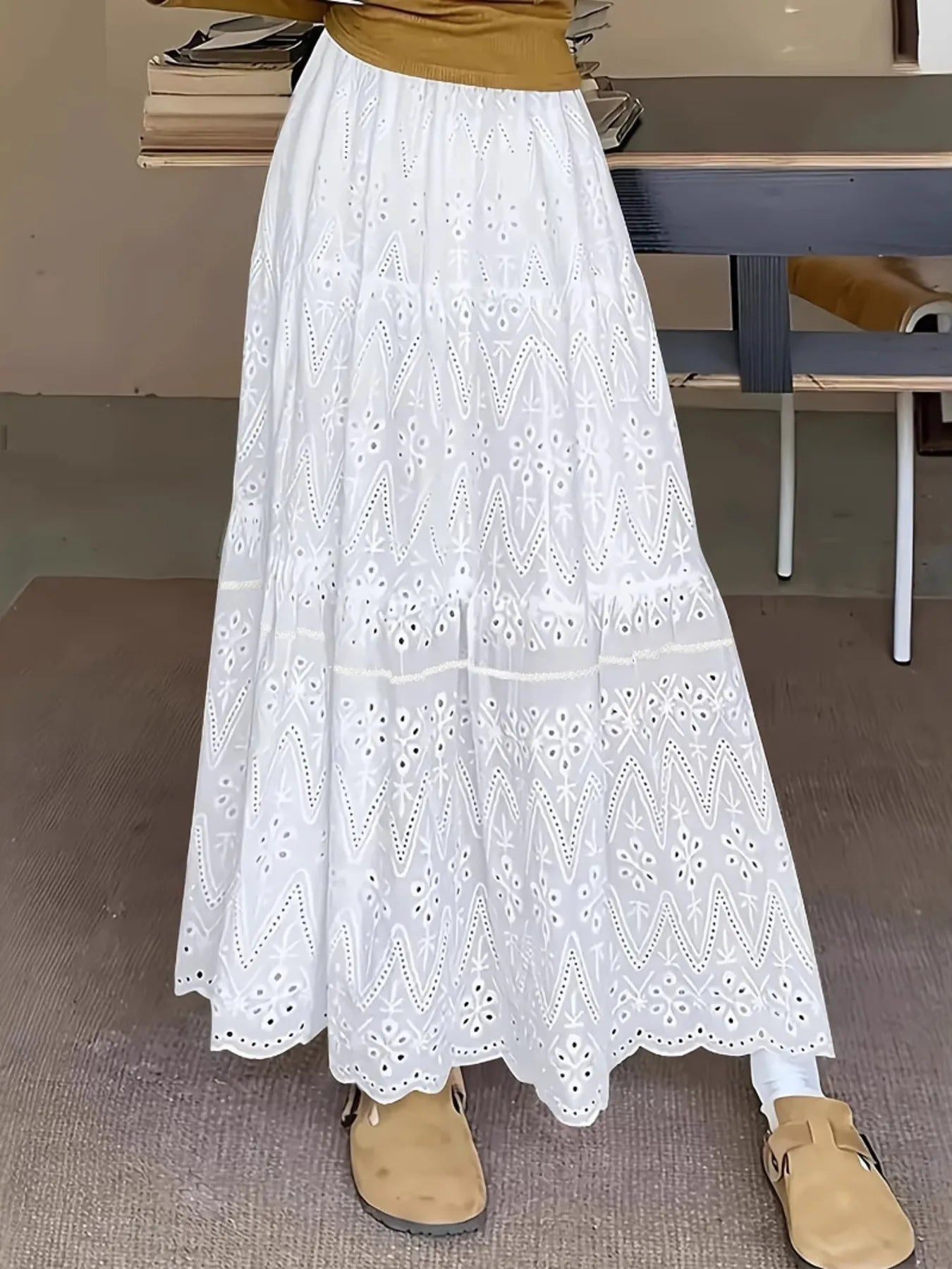 Eyelet Lace Tiered Maxi Skirt