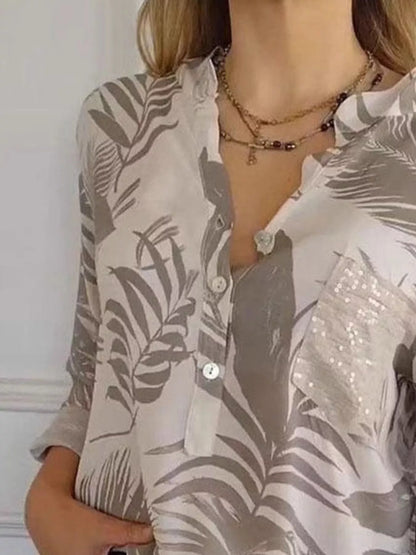 Full Size Printed Button Detail Long Sleeve Blouse Plus Size