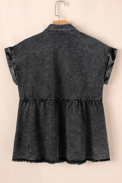 Short Sleeve Flap Pocket Button Up Raw Hem Denim Shirt