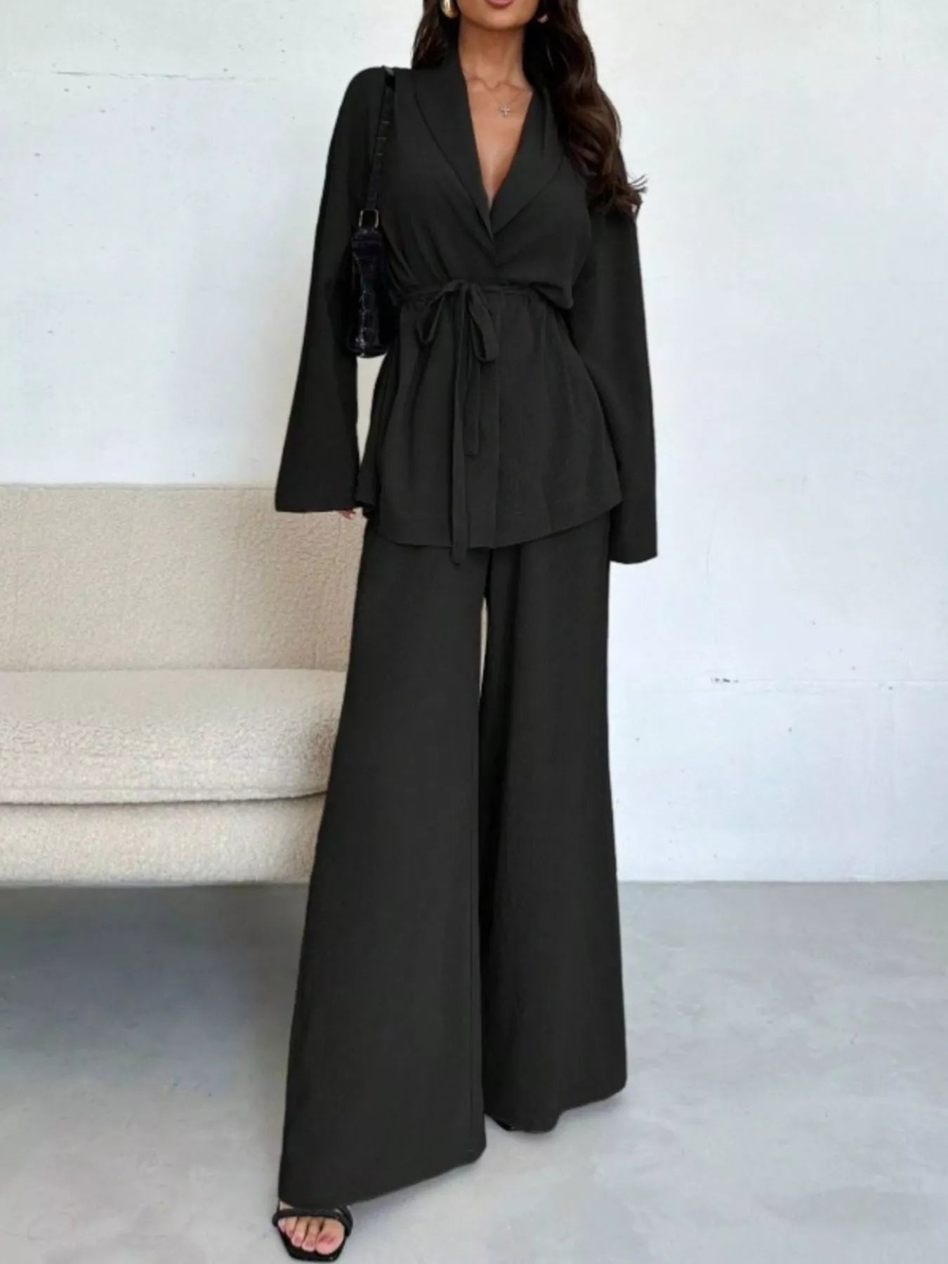 Front Tied Shirt and Wide-Leg Pants Set Black