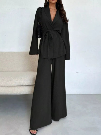 Front Tied Shirt and Wide-Leg Pants Set Black