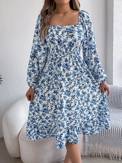 Floral Print Long Sleeve Square Neck Midi Dress Blue