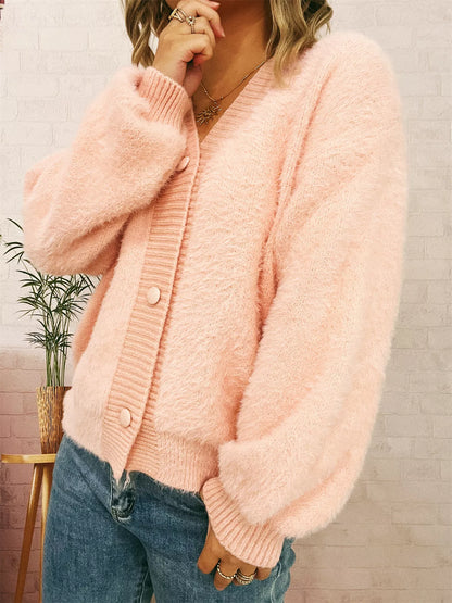 Fuzzy Button-Up Long Sleeve Cardigan Pink One Size