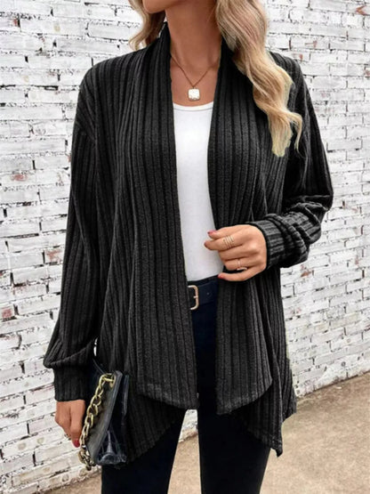 Full Size Ribbed Knit Open Front Cardigan Plus Size Black