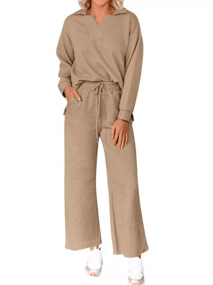 Side Slit Textured Top and Drawstring Pants Set