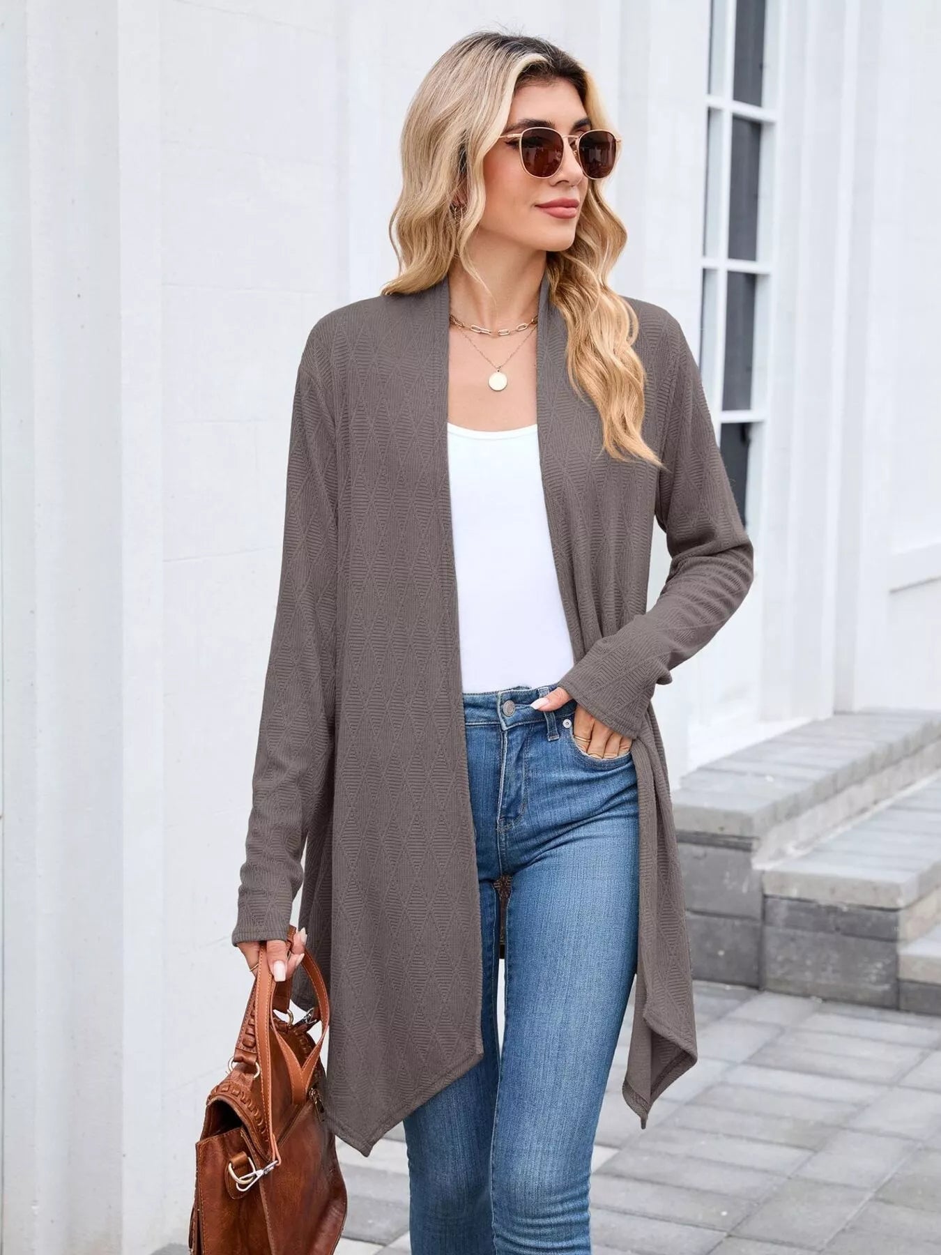 Open Front Long Cardigan Coffee Brown